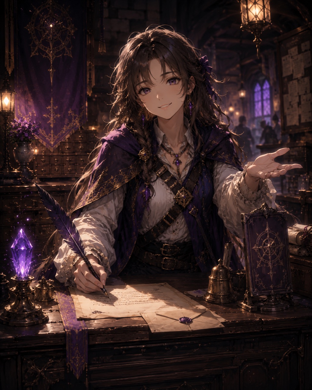 A warm guild-hall messenger ready to help — a friendly figure at an ornate desk, painterly JRPG style.