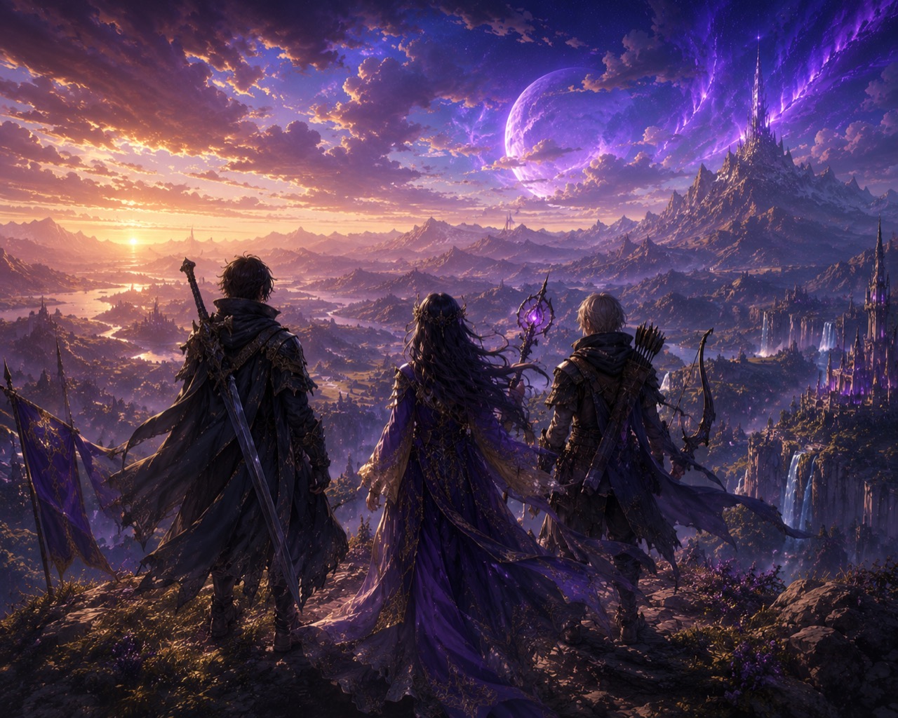 Elarion concept art — a hero party on a windswept cliff overlooking a vast fantasy realm.