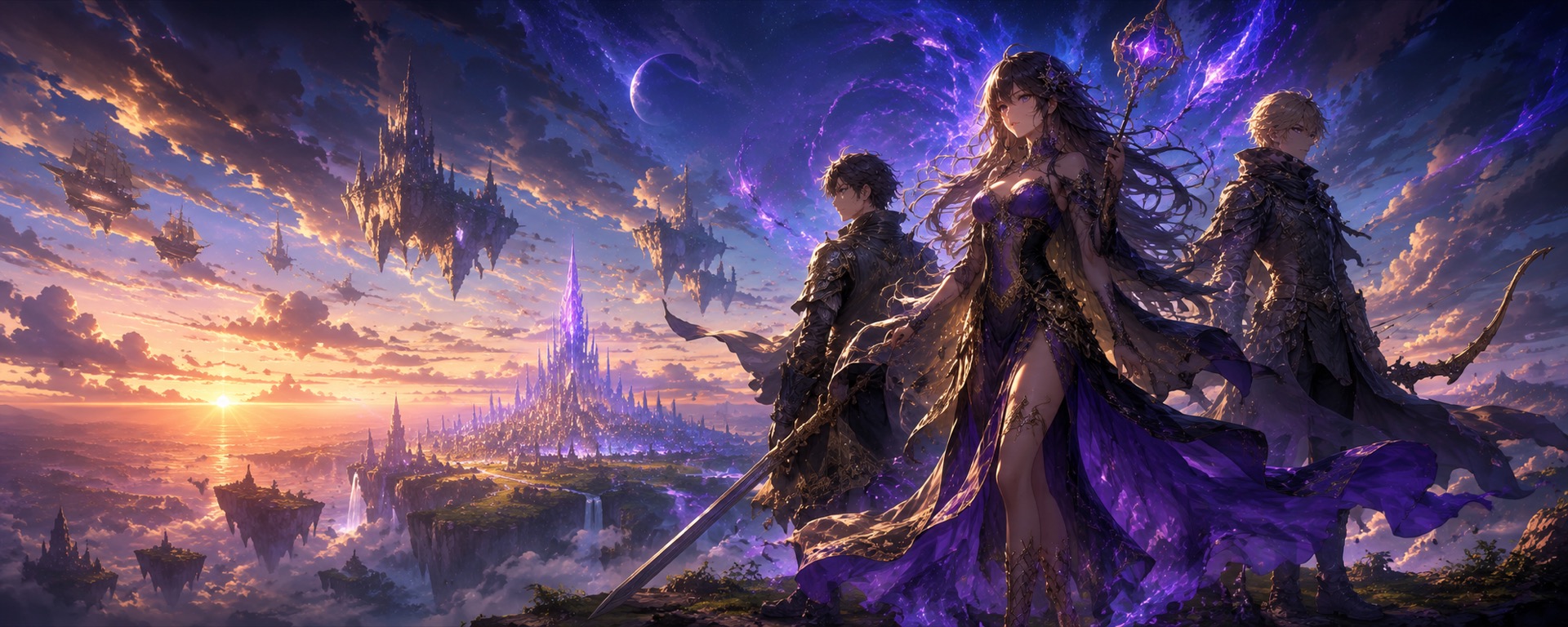 A sweeping cinematic JRPG concept-art splash — the heroes of Elarion against a vast, luminous world.